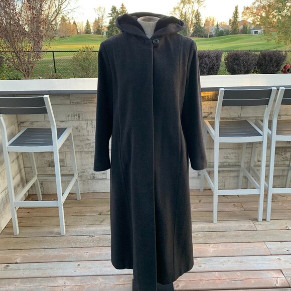 Vintage 90s Wool Cashmere Faux Fur Lined Hood Long Maxi Coat Overcoat - Picture 1 of 16